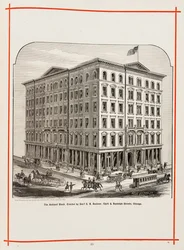 The Ashland Block an der Ecke Clark und Randolph Streets, Chicago, Illustration in The Merchants and Manufacturers of Chicago Illustrated, 1873